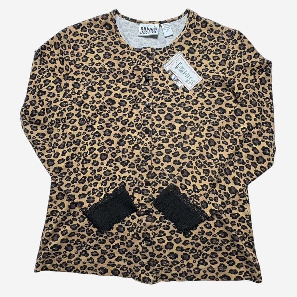 NWT VINTAGE Chico's Design 2004 Leopard Cardigan 3/4 Lace Cuff Size 0 (S)